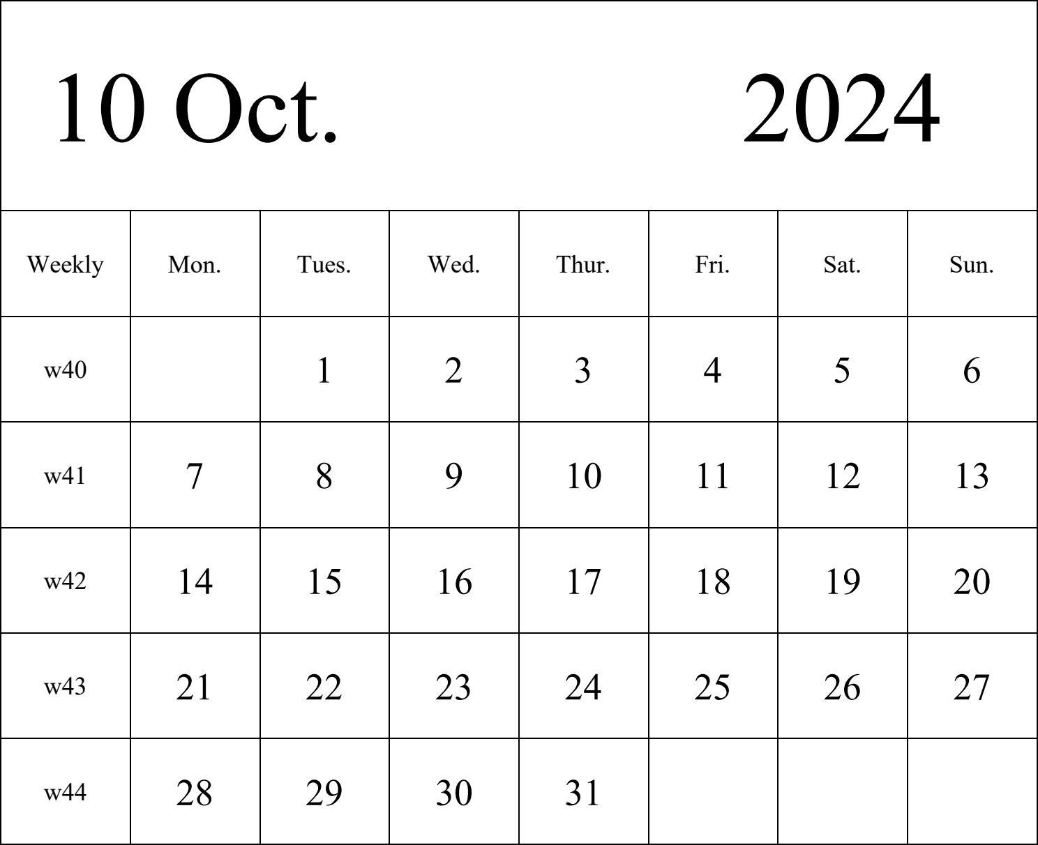 日历表2024年日历 英文版 纵向排版 周一开始 带周数